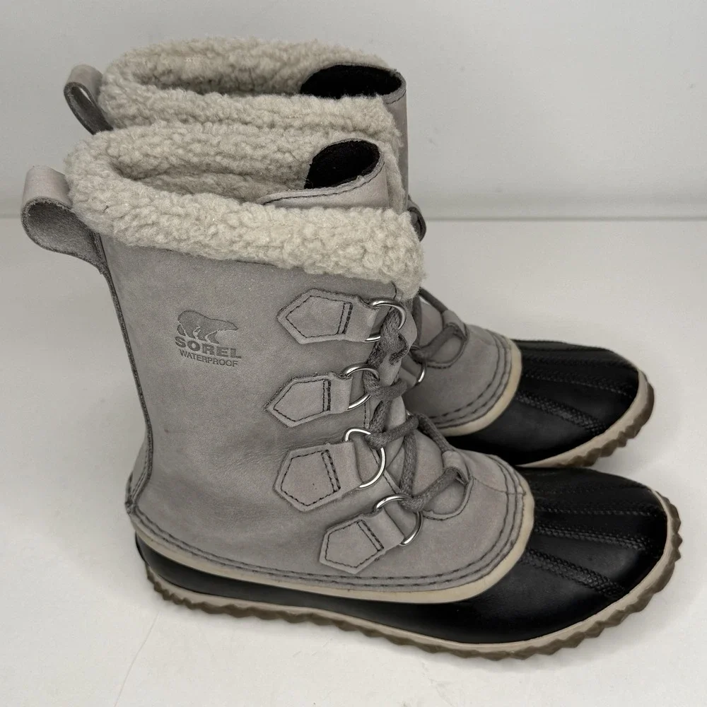 Sorel Boots Womens Size 6 Gray Waterproof‎ Lace Up Faux Fur Snow NL2649-052